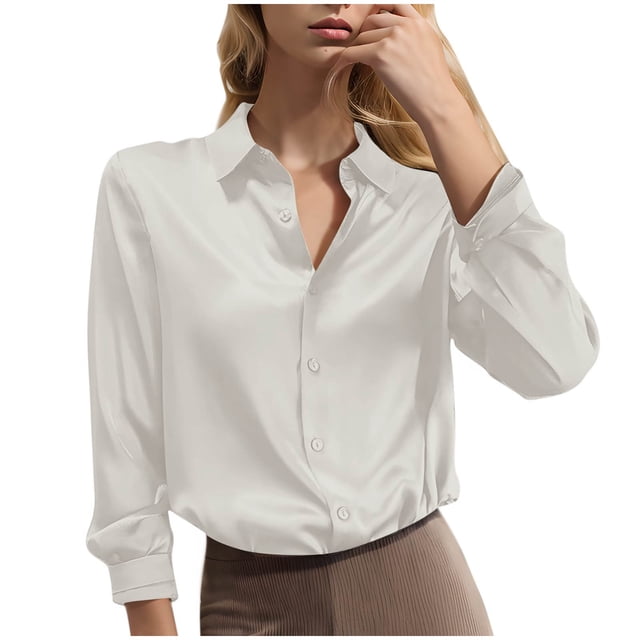 GigrtiJin Chemises Boutonnées pour Femmes Automne Manches Longues Col Rabattu Couleur Unie Mode Décontractée Confortable Hauts Amples