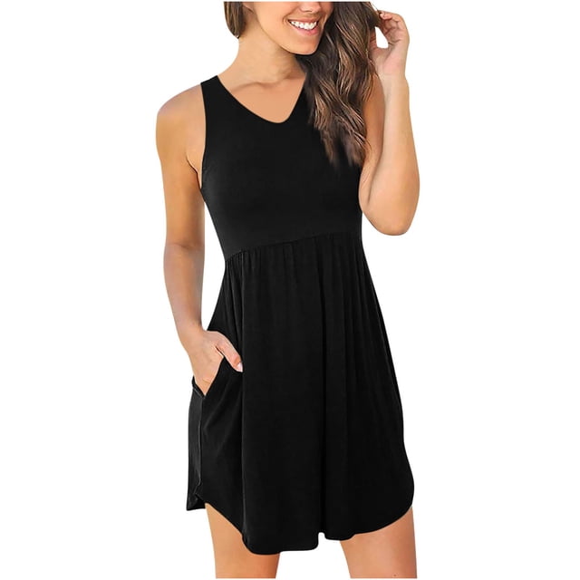 Pisexur Robes pour Femmes Mode Col en V Sans Manches Mini Robe Tunique Décontractée Robe d'Été Basique Couleur Unie Mode Taille Haute Robe de Plage avec Poches