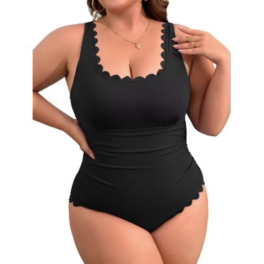 Charmo Plus Size Ribbed Swimsuit for Womens One Piece Scalloped Swimwear Tummy Control Bathing Suits