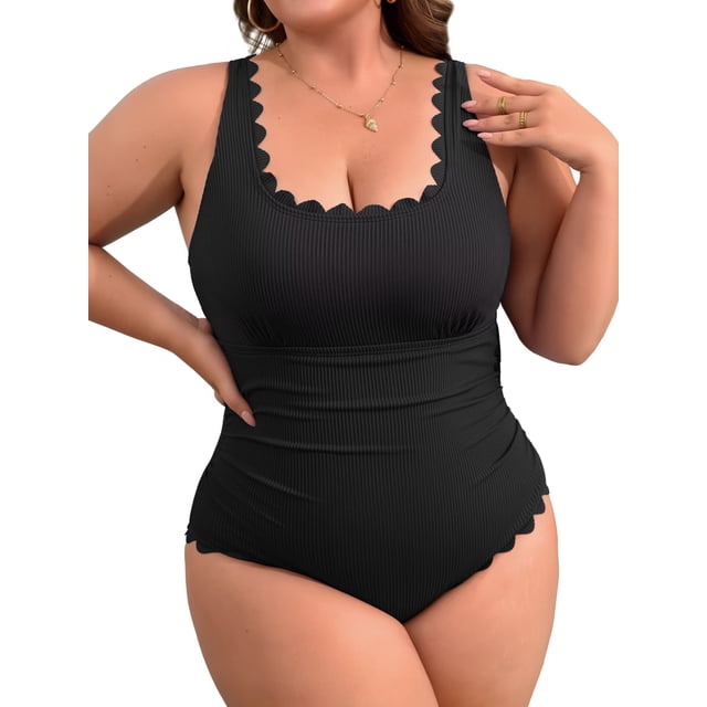 Charmo Plus Size Ribbed Swimsuit for Womens One Piece Scalloped Swimwear Tummy Control Bathing Suits