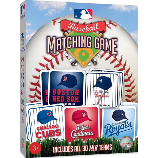 MLB Boîte de Jeu d'Association avec Grand Fond de baseball et Cartes Affichant des Casquettes et des Noms d'Équipe de Boston Red Sox, Yankees de New York, Chicago Cubs, St. Louis Cardinals et Kansas City Royals, un Jeu de Cartes de Mémoire et de Connaissances Sportives pour les Enfants de 3 Ans et Plus, Incluant les 30 Équipes de la MLB.