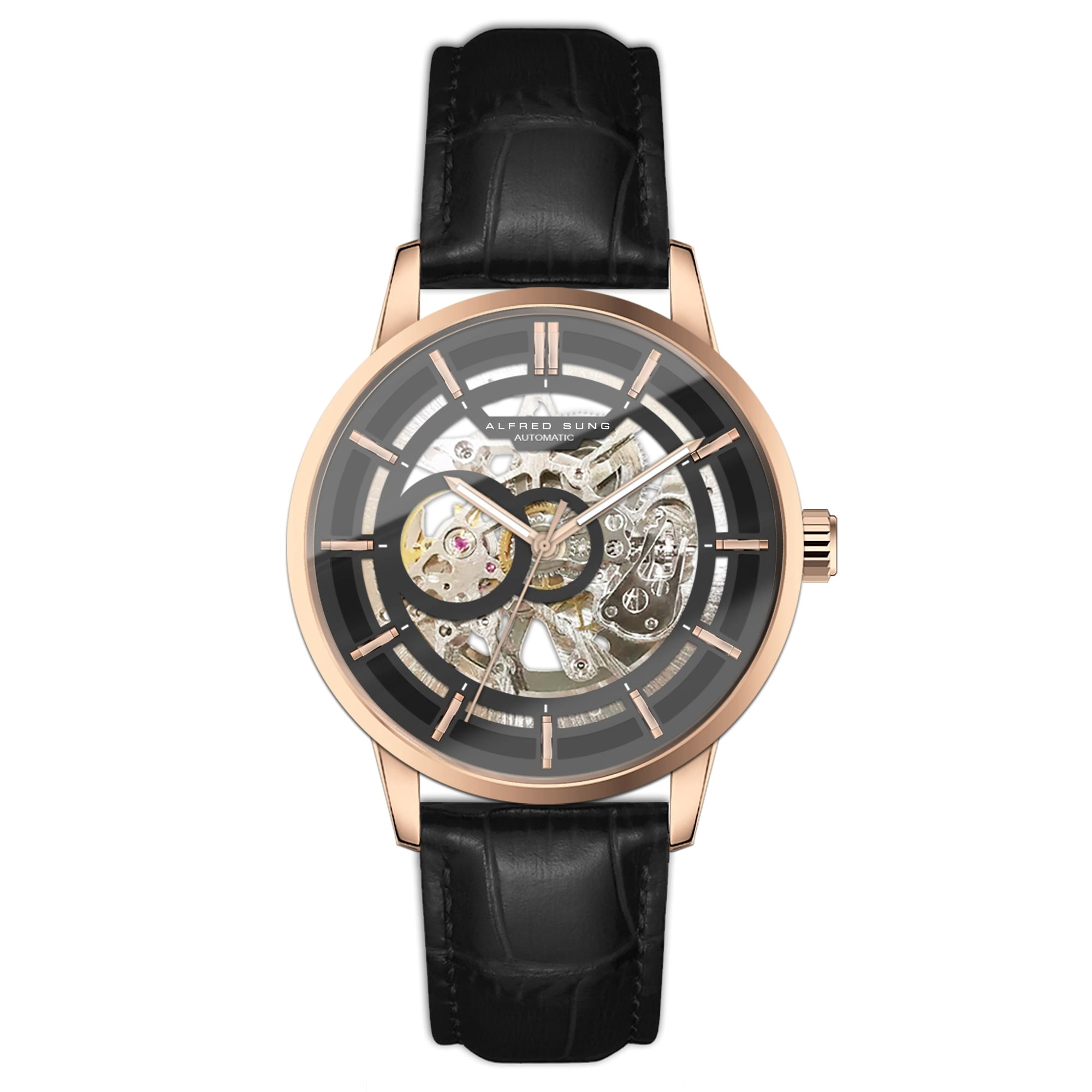 Alfred Sung Automatic III Black Skeleton Dial Black Leather Strap