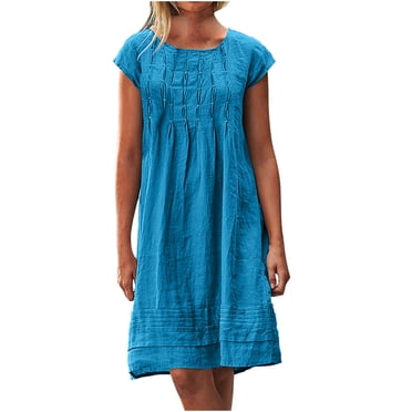 EQWLJWE Robes d'Été pour Femmes 2023 Mode pour Femmes Coton et Lin Col Ras du Cou Ample Manches Courtes Robe Mini Unie