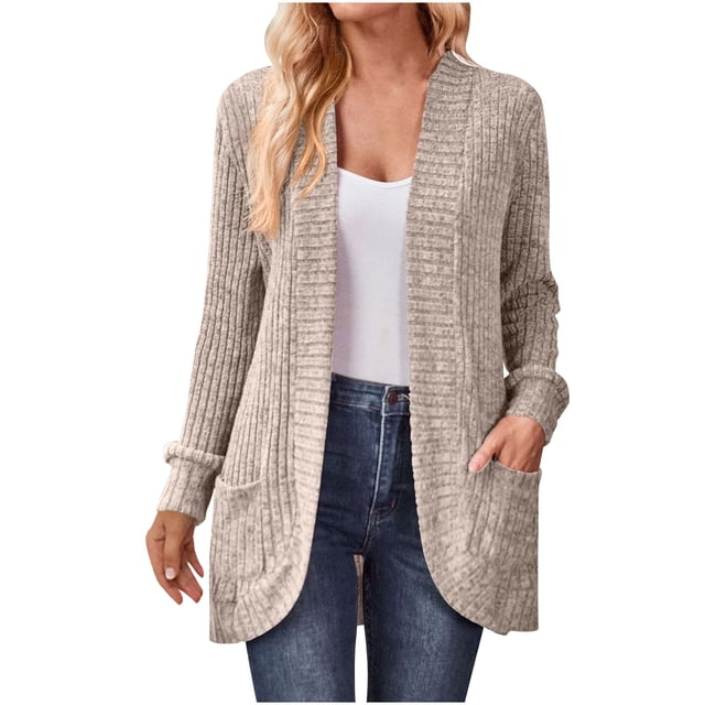 Yuyuzo Womens Cardigan Long Sleeve Open Front Ribbed Knit Tops Fall Casual Outwear Solid Color with Pockets