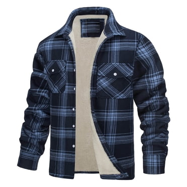 LNWUY (S-5XL) Men's Big and Tall Jacket Fleece Lined Heavyweight Flannel Shirts Cotton Button Up Plaid Shirt Warm Winter Coat Blue XL