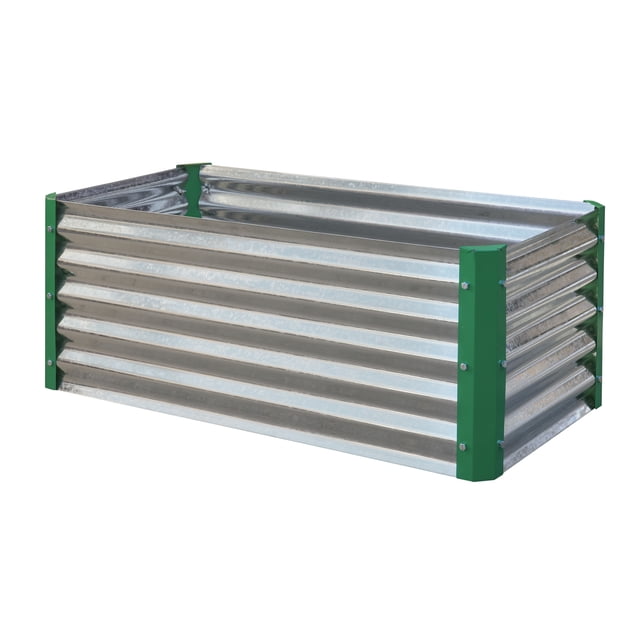 Miracle-Gro 2 x 4 x 2 ft Green Miracle-Gro® Raised Garden Bed made of corrosion-resistant galvanized steel with green corner supports, designed to prevent soil compaction and improve drainage, suitable for planting vegetables, fruits, herbs, and flowers.
