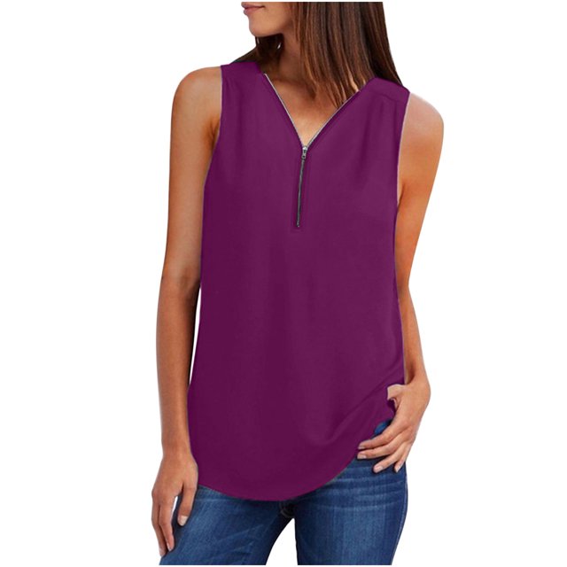 Cameland Camisoles d'Été Sans Manches pour Femmes à Fermeture Éclair, Tunique Décontractée à Col en V, Blouse à Manches Roulables