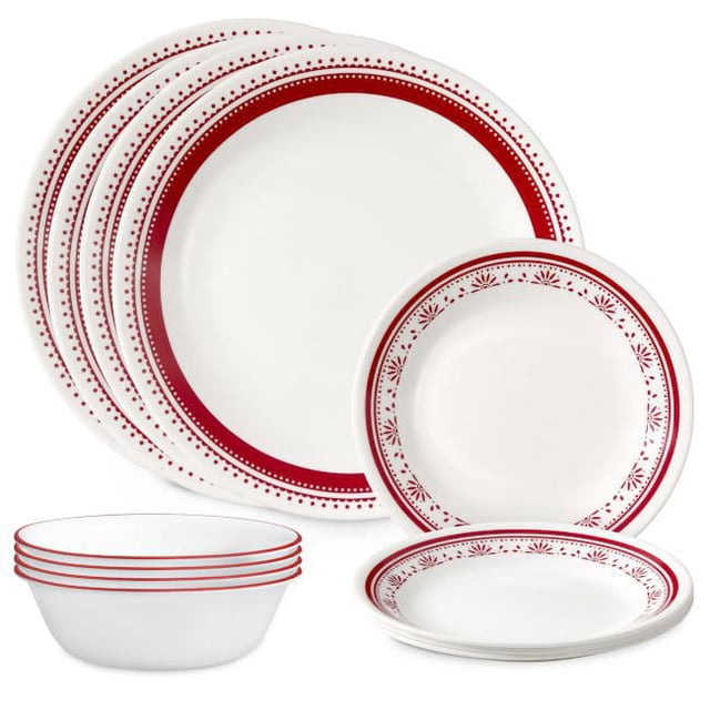 Corelle Sadie 12-Piece Glass Dinnerware Set with white plates and bowls featuring deep raspberry sunburst, dot, and band patterns on rims, including four 10.25-inch dinner plates, four 6.75-inch appetizer plates, and four 18 oz soup/cereal bowls made from durable, lightweight Vitrelle glass that is dishwasher, microwave, freezer, and oven safe, suitable for everyday dining and space-saving storage.