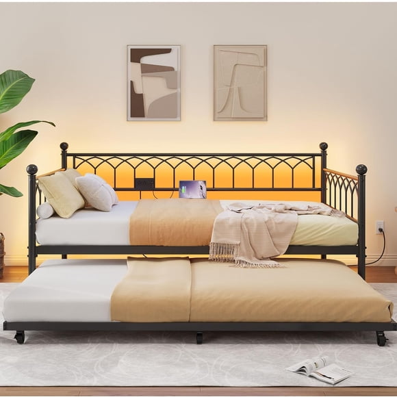 Daybed with Trundle, Metal Twin Trundle Bed with Charging Station & LED Lights, Sofa Beds Frame with Pull Out Bed for Living Room, Guest Room, Apartment, Small Spaces, Black