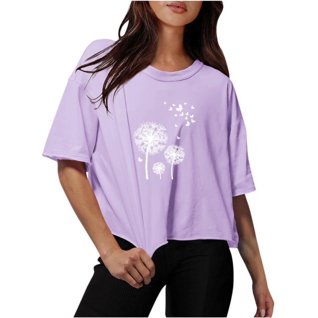 Blouses for Women Drop Shoulder Round Neck Oversized Crop Tops Workout Tops Tees