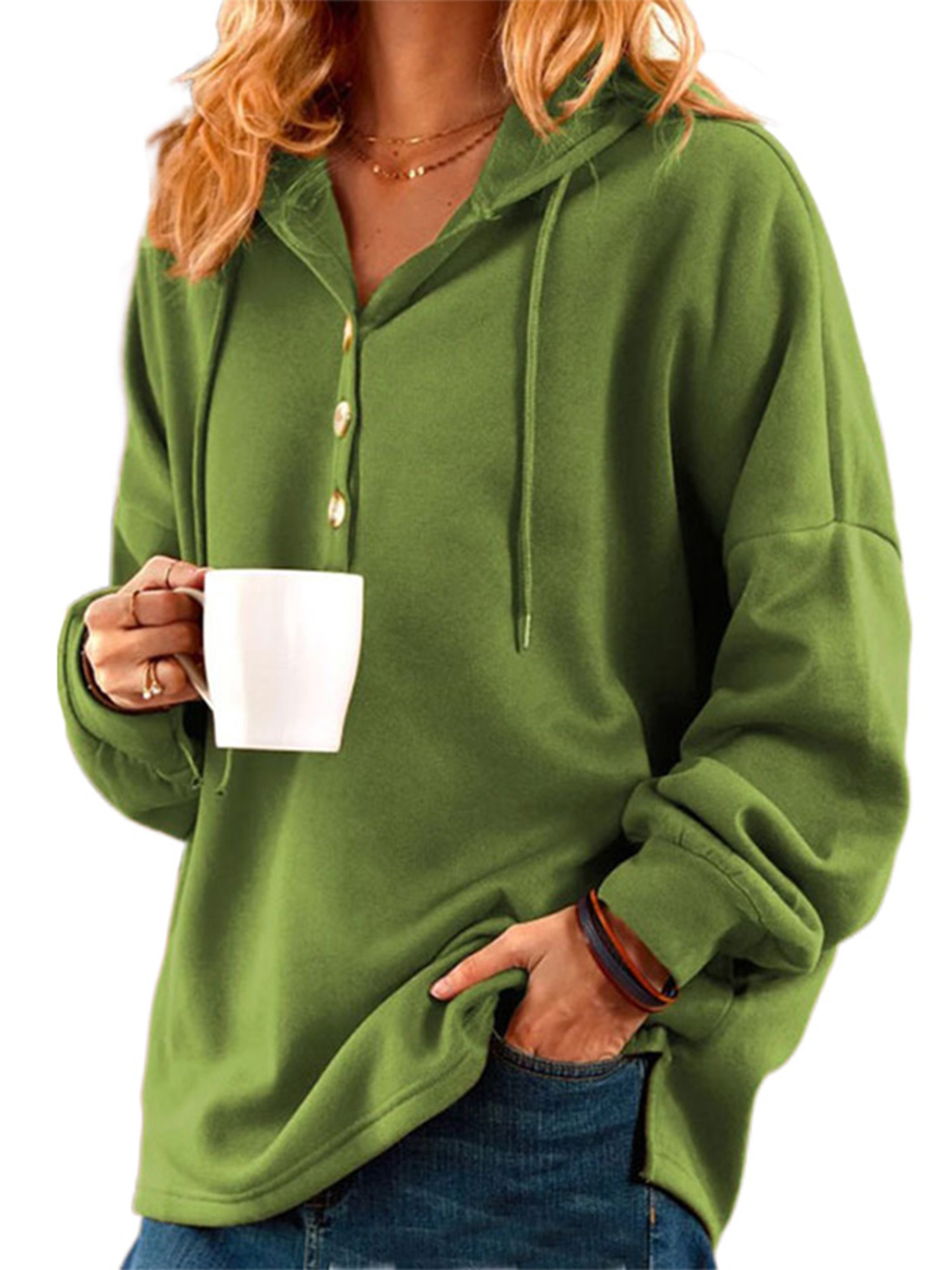 LUXUR Chandail en Molleton Femme à Capuche Chandail à Manches Longues Décontracté Col en V Vert 4TG
