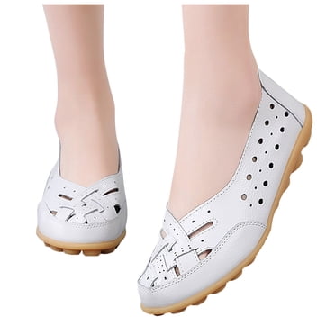 Dakaela Chaussures Plates en Cuir pour Femmes, Décontractées, à Enfiler, Marche et Conduite, Mocassins, Espadrilles à Découpes, Blanches, 7,5