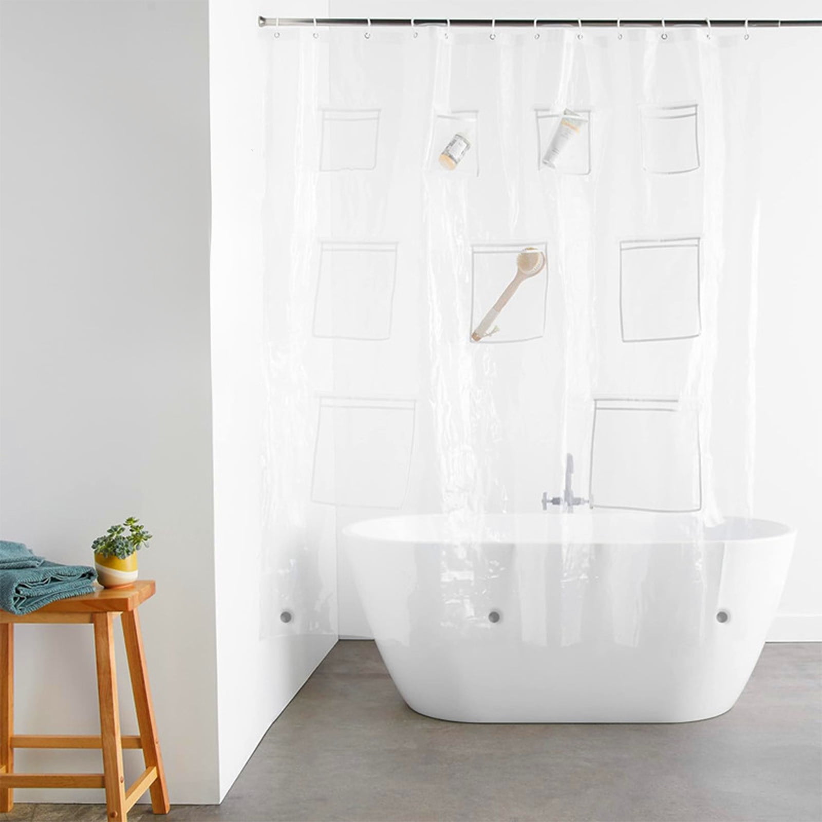 TIMIFIS Shower Curtain Translucent Pocket Shower Curtain Multifunctional Multi Purpose Bathroom Storage Water Proof Molds Proof Thickened Pocket Shower Curtains Shower Curtain Liner