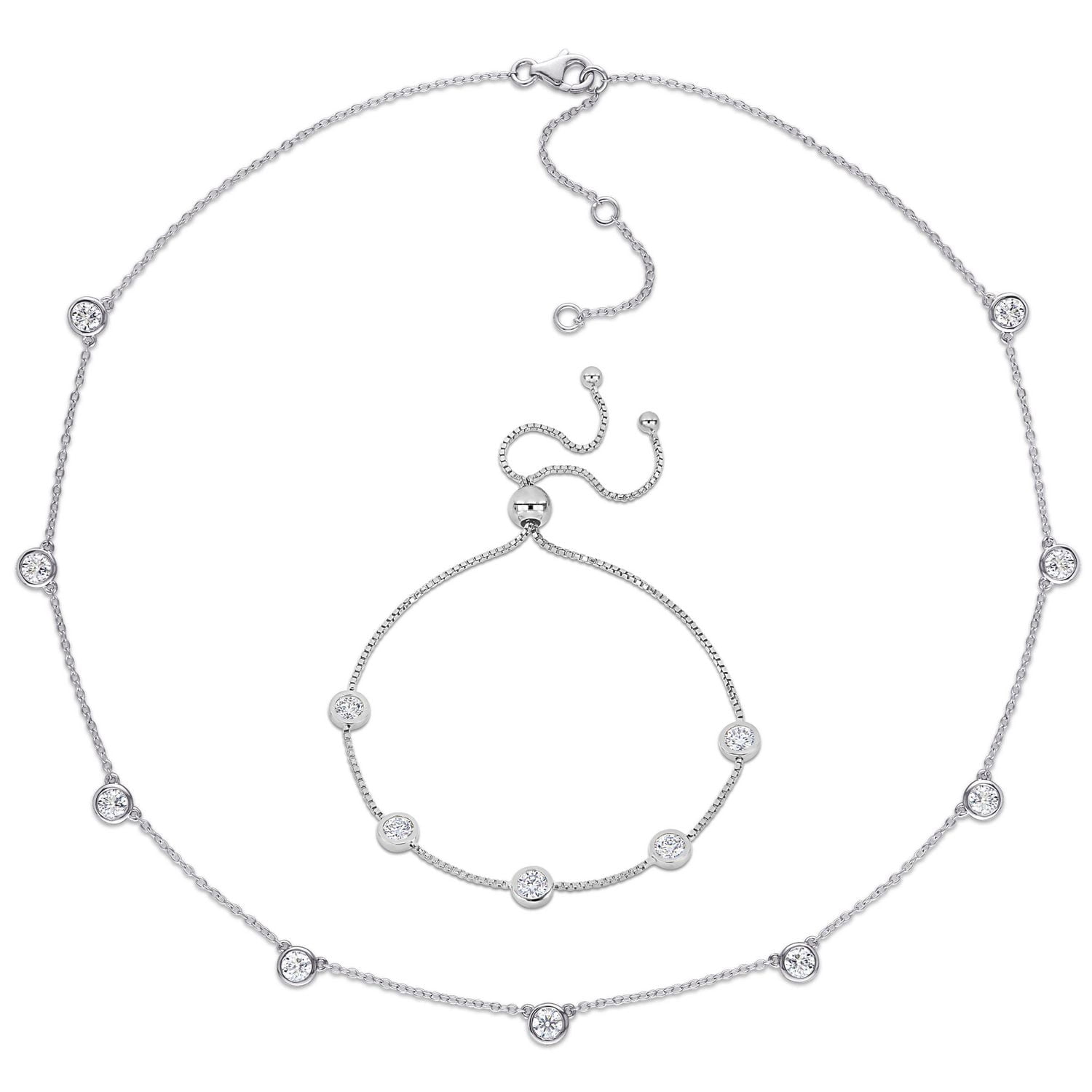 Miabella 2-Piece Set 3-1/2 Carat T.G.W. Created Moissanite Sterling Silver Station Bolo Bracelet & Necklace