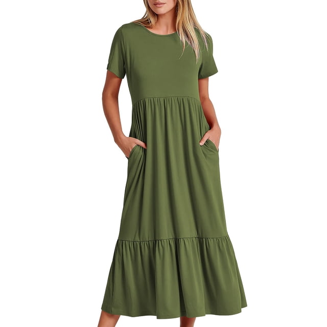 EGNMCR Robes de Fête pour Femmes Robe d'Été Décontractée à Manches Courtes et Col Rond pour Femmes Robe Décontractée Fluide à Étages Maxi de Plage avec Poches