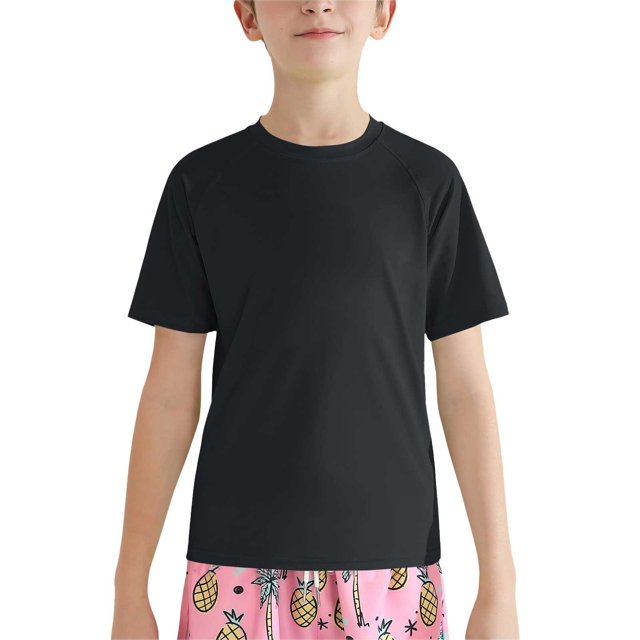 XIMIN Baby Boys Rash Guard Solid Color Shirts Short Sleeve Quick Dry Swim Shirts UPF 50+ Sun Protection for Kids Athletic Summer Shirt (9-10 Years, Black)