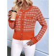 thumbnail image 4 of Femmes - Blazer à Carreaux Chic Décontracté Cardigan à Boutons devant Col Ras du Cou Manches Longues Vestes en Tricot Texturé Orange-Rouge P, 4 of 9