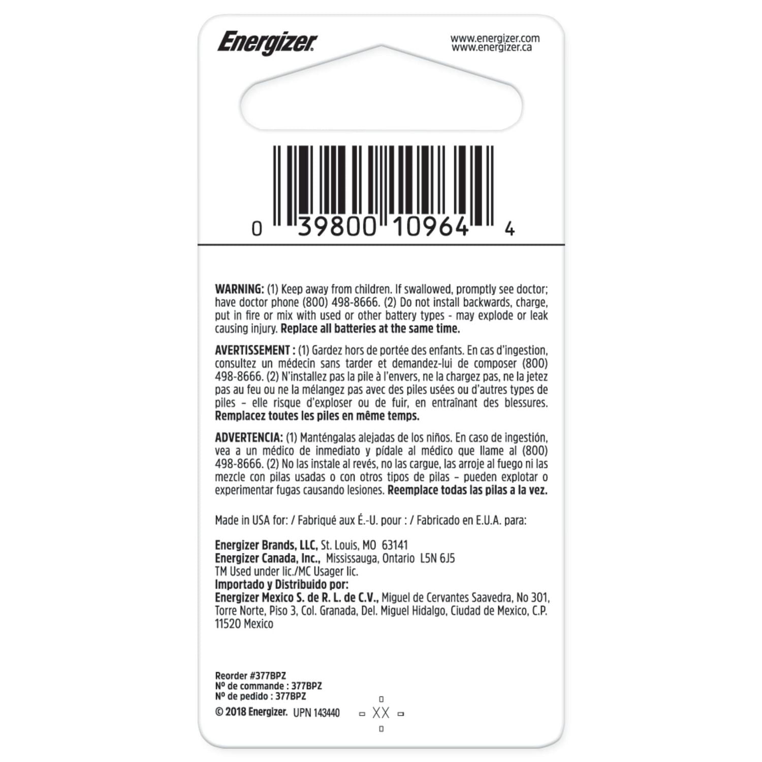 Pile miniature à l’oxyde d’argent Energizer 377