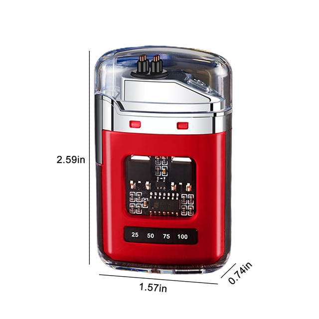 Rewenti Electronic Rechargeable Lighter in a compact red and transparent design, featuring a visible internal chip structure with LED power indicators and a Type-C charging port. This windproof and flameless lighter is suitable for outdoor activities like camping and hiking. Dimensions are 4x2x6.6cm (1.57x0.79x2.6in).
