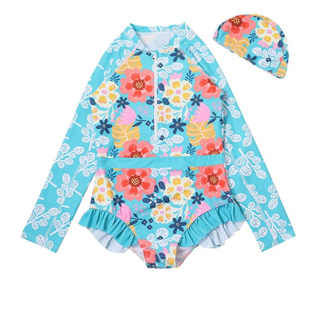 Kids Girls Rash Guard Bathing Suits Ruffle Floral Pattern Long Sleeve Sun Protection Toddler Bathing Suit Girl 6-7 Years Girls Clothing