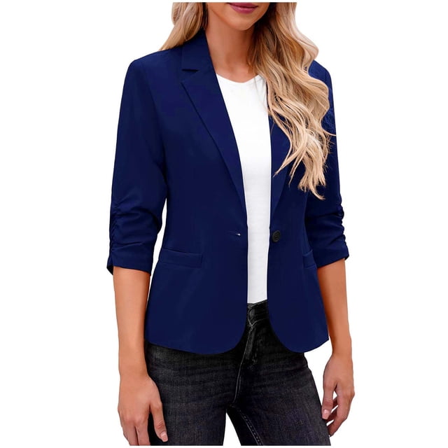 Timegard Vestes Formelles pour Femmes Manches 3/4 Froncées Couleur Unie Travail Affaires Décontracté Blazer Vestes de Complet