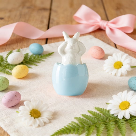 CaiYueKe Easter Bunny Ceramic Figurine Ornament - Cute Rabbit Statue for Mantel Shelf Tabletop Centerpiece, Spring Holiday Home Decor Gift for Easter Basket Egg Hunt Family Party