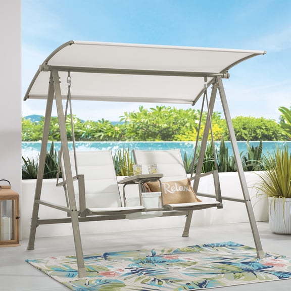 Mainstays Cobble Hill 2-Seat Steel Canopy Porch Swing with Centre Table, Cream
