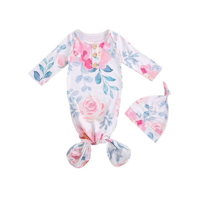Xingqing 2PCS Newborn Infant Baby O-Neck Floral Cartoon Print Sleeping Pocket Round Hat