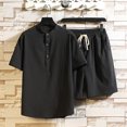 thumbnail image 2 of Two Piece Pants Sets Mens Two Piece Solid Cotton Linen Short Sleeve V Neck Tops and Shorts Set, 2 of 10
