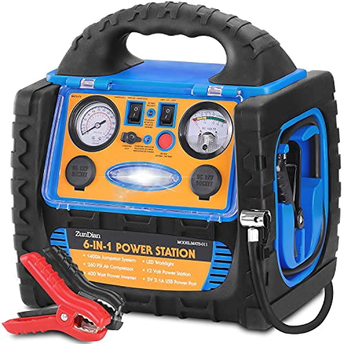 ZunDian 1400 Amp Battery Jump Starter with Air Compressor Car Tire Inflator, Portable Power Station 110V 400W Power Inverter USB DC AC Outlet, 12V Emergency Auto Battery Booster Box, Jumper Clamp