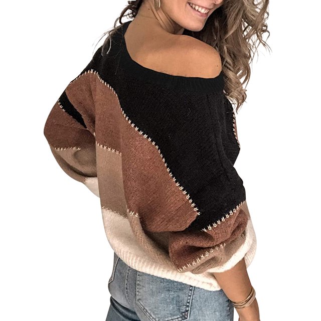 Women Sweater Color Block Stripe Top Color Block Round Neck Long Sleeve Blouse, Khaki, S