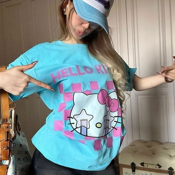 Sanrio Hello Kitty Clothes Short Sleeve T-shirts American Style Blue Fashion Loose Tees New Cartoon Tshirt Y2k Streetwear Tops