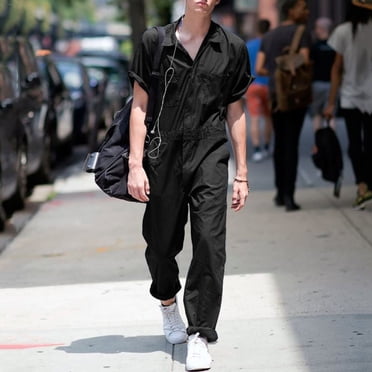 Men Spring And Summer Lightweight Comfortable Lapel Solid Color Pant Casual Plus Size Short Sleeve Pocket Jumpsuit Mechanics Jumpsuit Teal Jumpsuit Men Overall Shorts for Men Loose Men's Sweatsuit