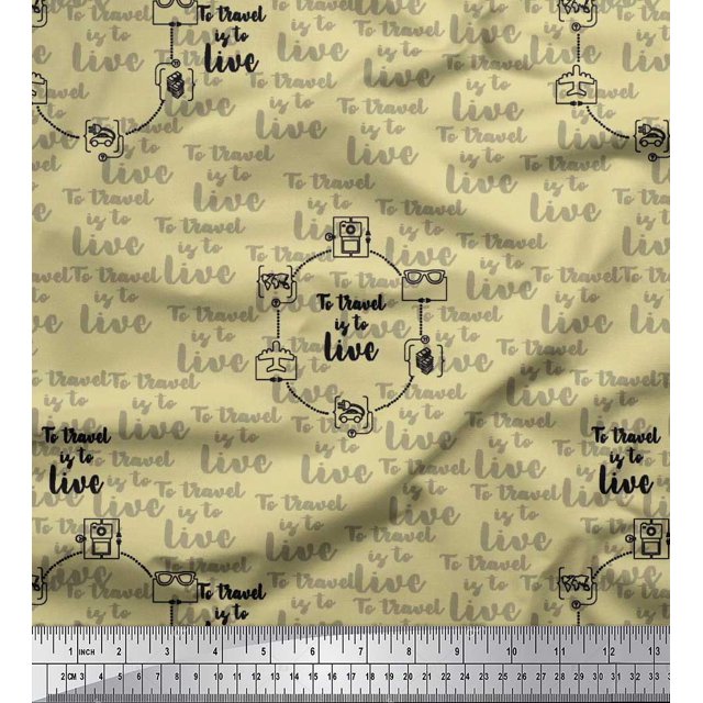 Soimoi Beige Rayon Fabric To Travel Is To Live Text Print Fabric by the Yard 56 Inch Wide