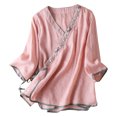 thumbnail image 2 of Blouses pour Femmes, Haut à Manches Courtes en Coton et Lin Style Renaissance avec Broderie pour Femmes, Haut à Manches Courtes à Col en V, 2 of 3