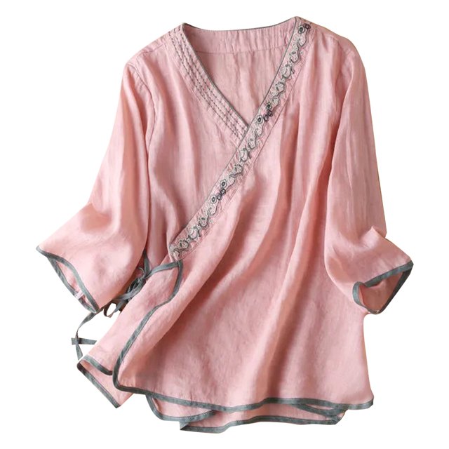 Birdeem Chemisiers pour Femmes Chemisier pour Femmes Broderie Renaissance Coton et Lin Col en V Manches Courtes Haut Manches Courtes Col en V