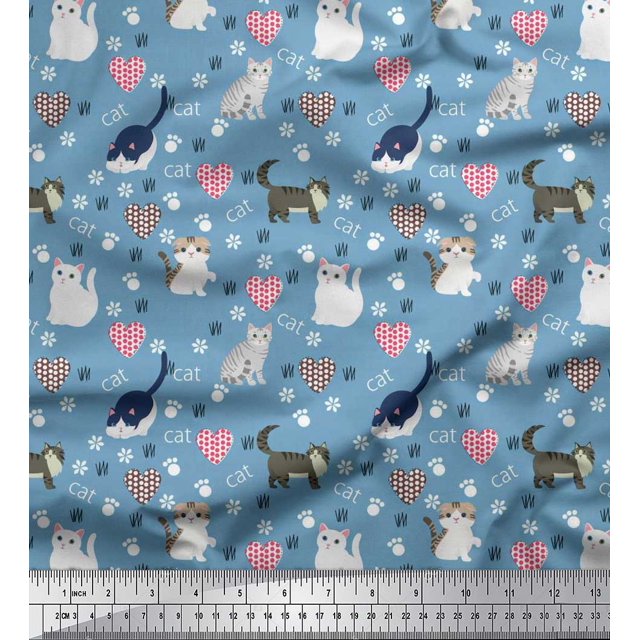 Soimoi Cotton Duck Fabric Heart,Footprint & Cat Animal Printed Fabric 1 Yard 56 Inch Wide
