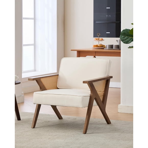 Mid-Century Modern Accent Chair,Linen Upholstered Vintage Rattan Vanity Chair Cute Reading Arm Chair Wood Frame for Lounge, Living Room, Reading Room, Bedroom,Beige