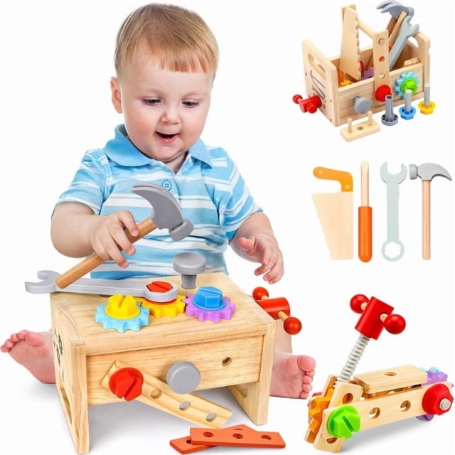 QTOCIO Children's Wooden Tool Set Workbench Toddler Repair Toolbox Includes Screws And Hand Tools Educational Building Toy Suitable For Boys Aged 1-3