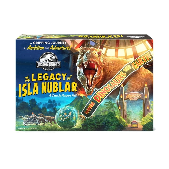 Funko Monde Jurassique Jeux : THE LEGACY OF ISLA NUBLAR Boîte de Jeu de Société Mettant en Vedette un Tyrannosaure Rex Rugissant, la Porte du JURASSIC Park et des Personnages dans une Gyrosphère avec des Dinosaures dans un Décor d'Île Tropicale, Conçue pour 2 à 4 Joueurs de 10 Ans et Plus.