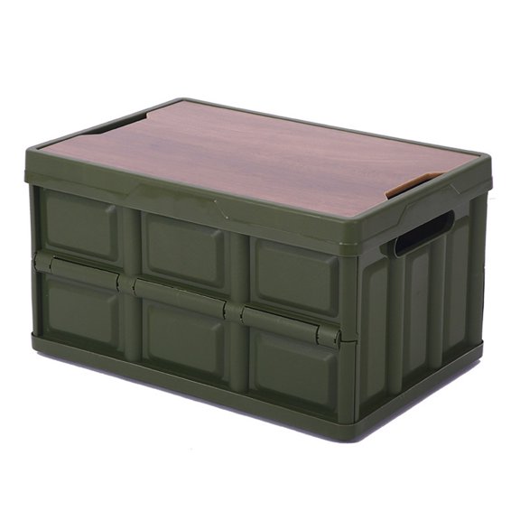 Boîte de Rangement de Camping Pliable 56 L Boîte de Rangement en Plastique Pliable avec Couvercle en Bois, Convient aux Pique-Niques en Plein Air