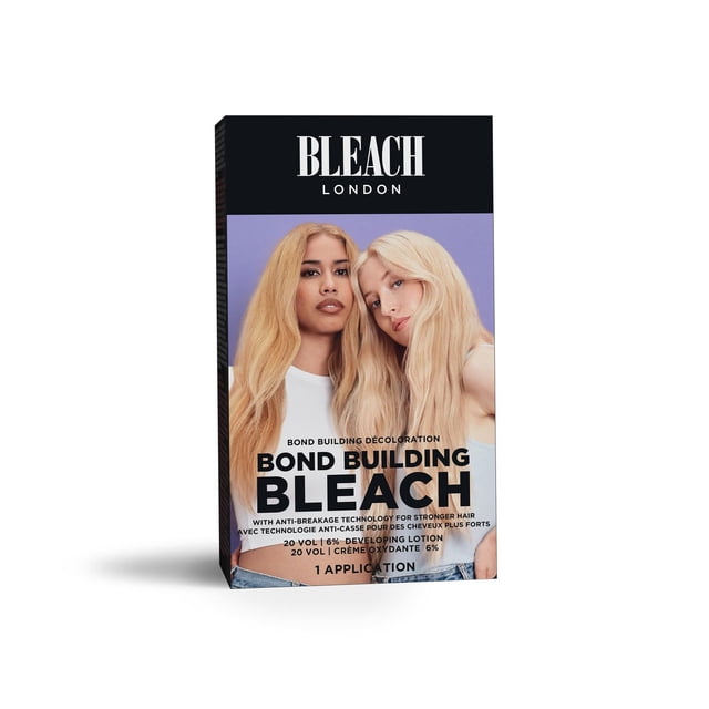 Bleach London Bond Building Bleach Kit box with two women with long blonde hair on a purple background, featuring bold black and white text about bond building bleach with anti-breakage technology and 20 VOL 6% developing lotion for one application.