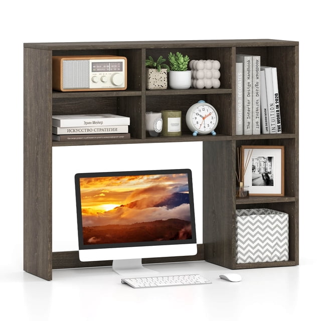 Costway Desktop Bookshelf with 7 Open Cubbies & 3 Adjustable Shelves for Home Office Dorm Gray