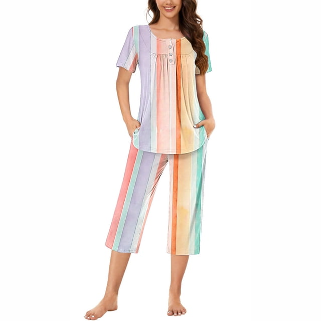 Rbaofujie Ensembles de Pyjama pour Femmes T-Shirt de Nuit à Col Rond à Imprimé Dégradé à Manches Courtes et Ensembles de Pantalons Vêtements de Détente Pyjamas avec Poches Robes de Nuit et Tenues de Sommeil