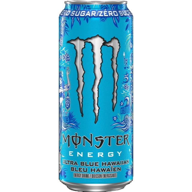 Monster Ultra Blue Hawaiian energy drink can with bright blue textured finish and tropical Polynesian fruit graphics, featuring the silver Monster claw logo, zero sugar label, and 473 ml volume. This light, crisp energy drink is sugar-free and ideal for staying energized.