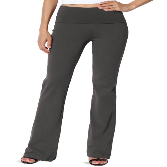 Pantalon de Yoga Décontracté pour Femmes Grande Taille, Basique, Taille Repliable, Confortable, en Coton Extensible, Coupe Bootcut