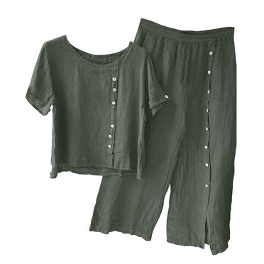 Mikilon Pyjama Décontracté pour Femmes Ensemble de Vêtements de Nuit Couleur Unie Costume de Loisirs Sans Manches Col Rond Blouse + Pantalon Ensemble Col Rond Bouton Demi-Manche Pull Chemise Hauts + Pantalon Ensemble Gris 4TG