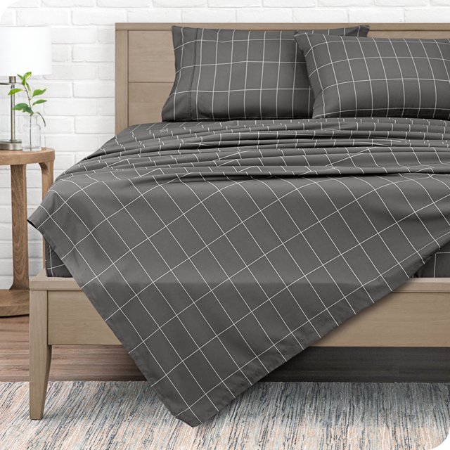 Bare Home Ultra-Soft Sheet Set - Premium 1800 Collection - Deep Pockets - 3-Pieces - Twin, Grid - Gray/White
