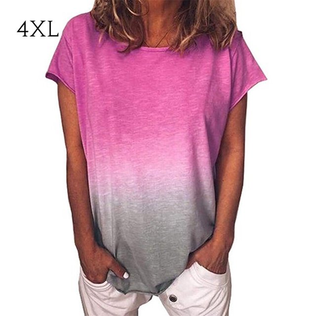 T-Shirt pour Femme à Manches Courtes, Col Rond, Haut, T-Shirt à Col Dégradé, T-Shirt Décontracté, Rose Rouge, 4TG