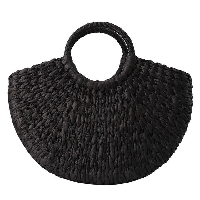 Sac de Vacances à la Plage Demi-Rond en Paille Sac à Main Noir